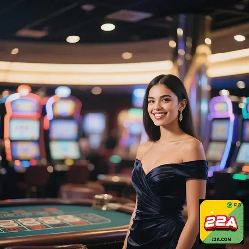 Imagem de um cassino com o logo 22a, apresentando ambiente sofisticado e jogos de azar, promovido pelo site 22a.